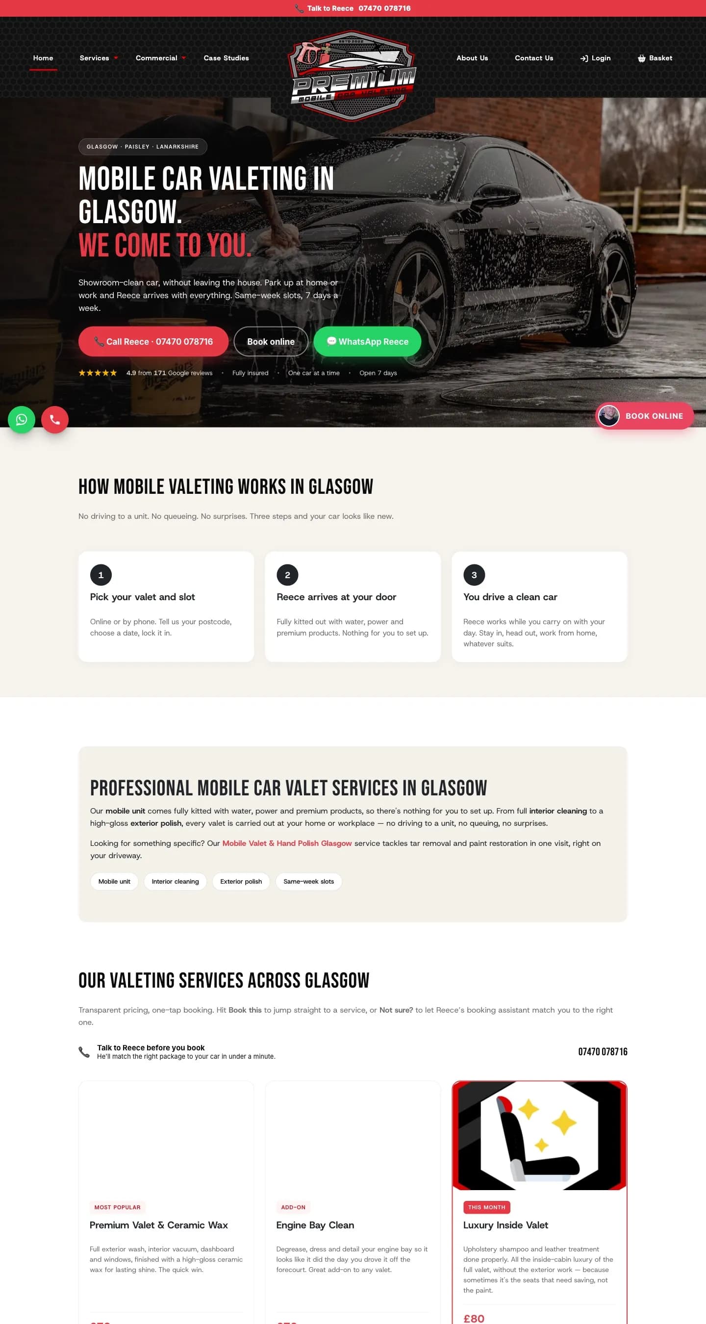 premiummobilecarvaletingglasgow.co.uk home page, desktop view